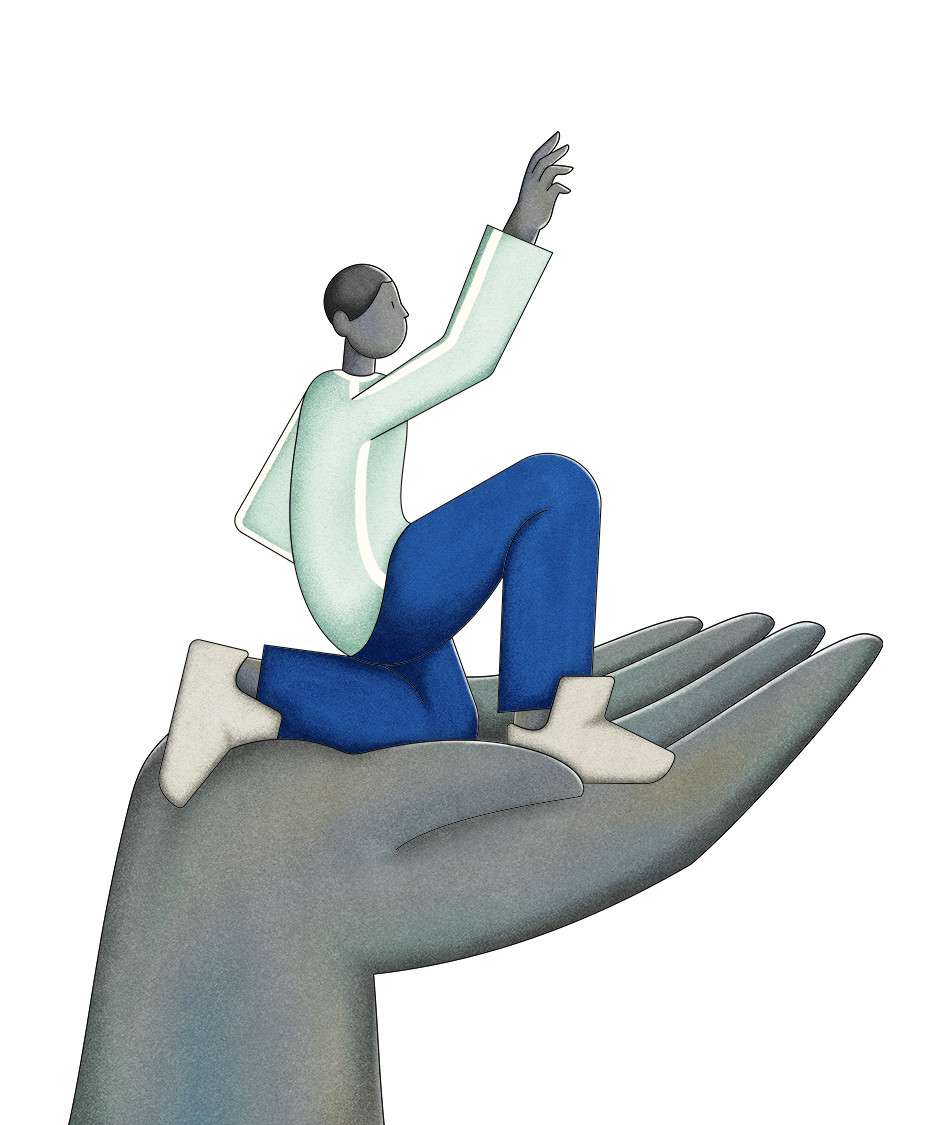 Figure held by a hand reaching for a star